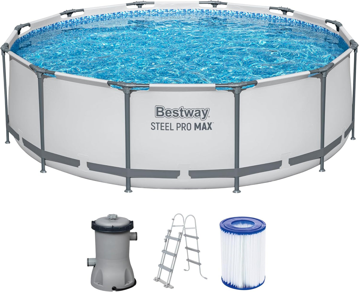 Bestway Steel Pro Max Frame Kit Piscine avec Pompe à Filtre Ø 366 x 100 cm, Gris Clair, Ronde