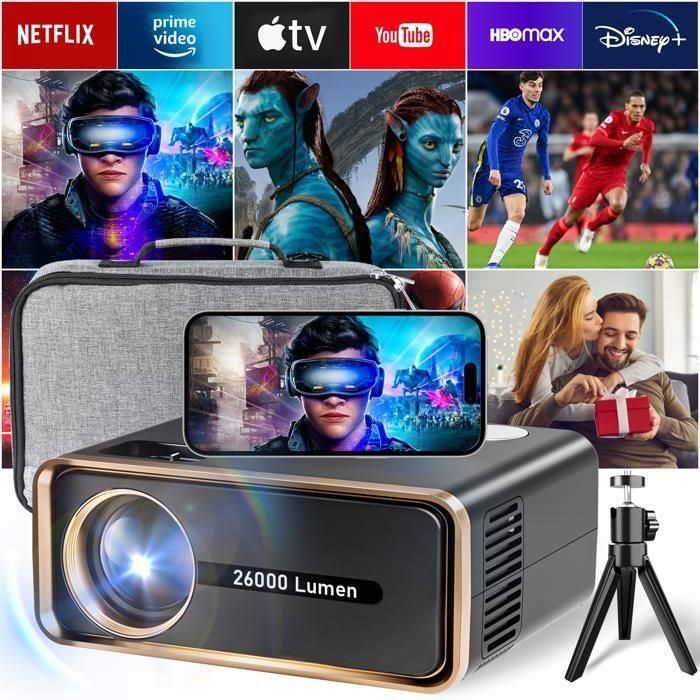 26000L /1080P Videoprojecteur,5D Confocal+Ai Calibrer,Wifi 6/4Khd+ 3D Vidéo,5.3 Doublebluetooth,Pour:iOS/Android/Xbox/Ps5/Tv/Hdmi Noir LIN SHUN DS(Noir/Or)