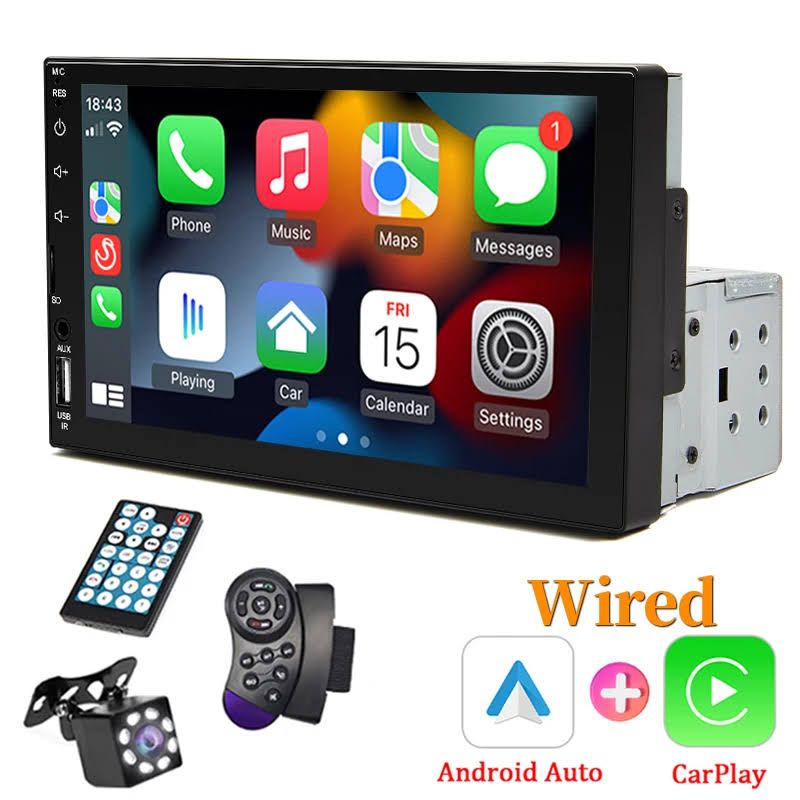 Hippcron 7 1 Din autoradio Carplay Android Auto multimédia lecteur MP5 HD écran tactile ISO AUX(Noir/Argent)
