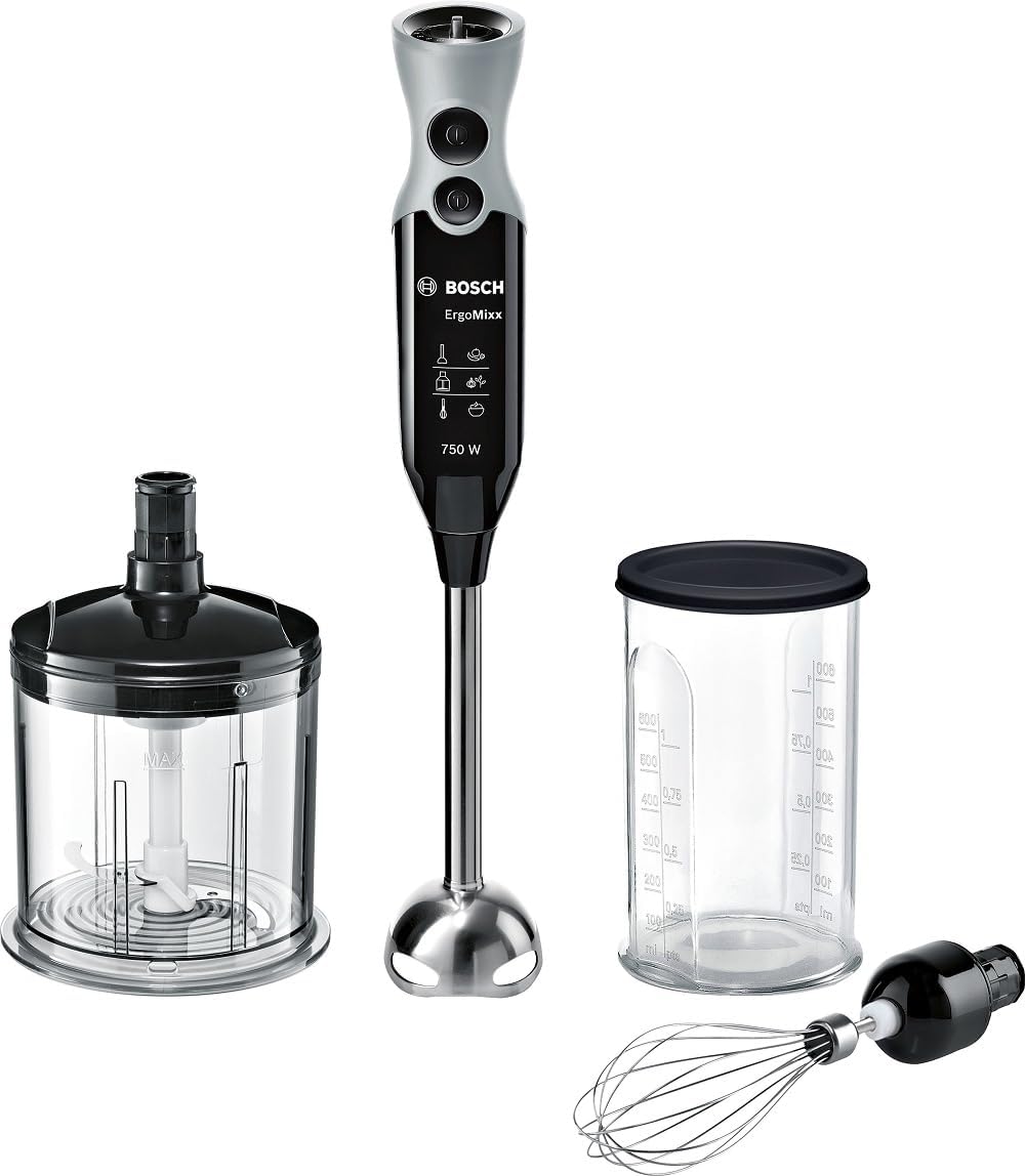 Bosch Mixeur Plongeant ErgoMixx MSM67160 – Mélangeur ultra puissant pour les usages intenses – Puissance de 750 W – Mini-hachoir et fouet inclus – Couleur : Noir/Gris