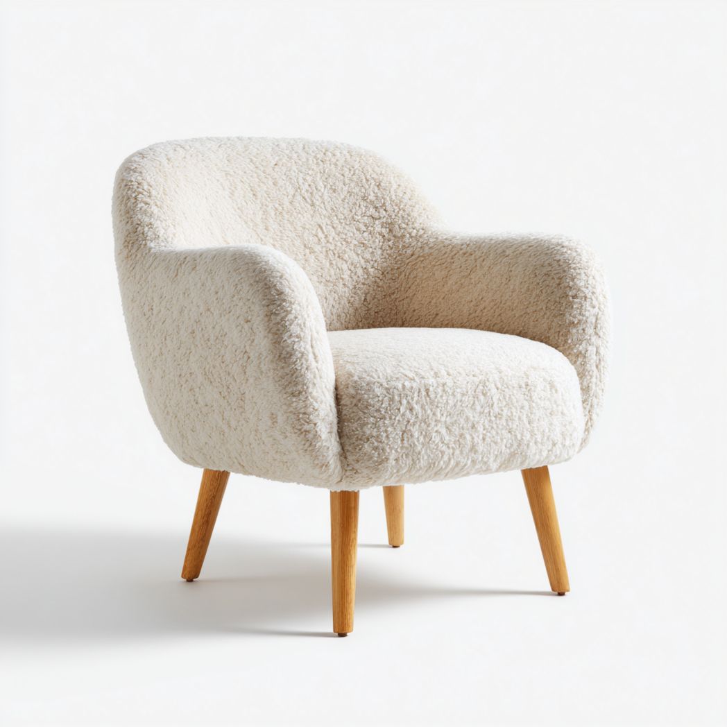 Fauteuil en cuir d'agneau ivoire avec accoudoirs et pieds en bois