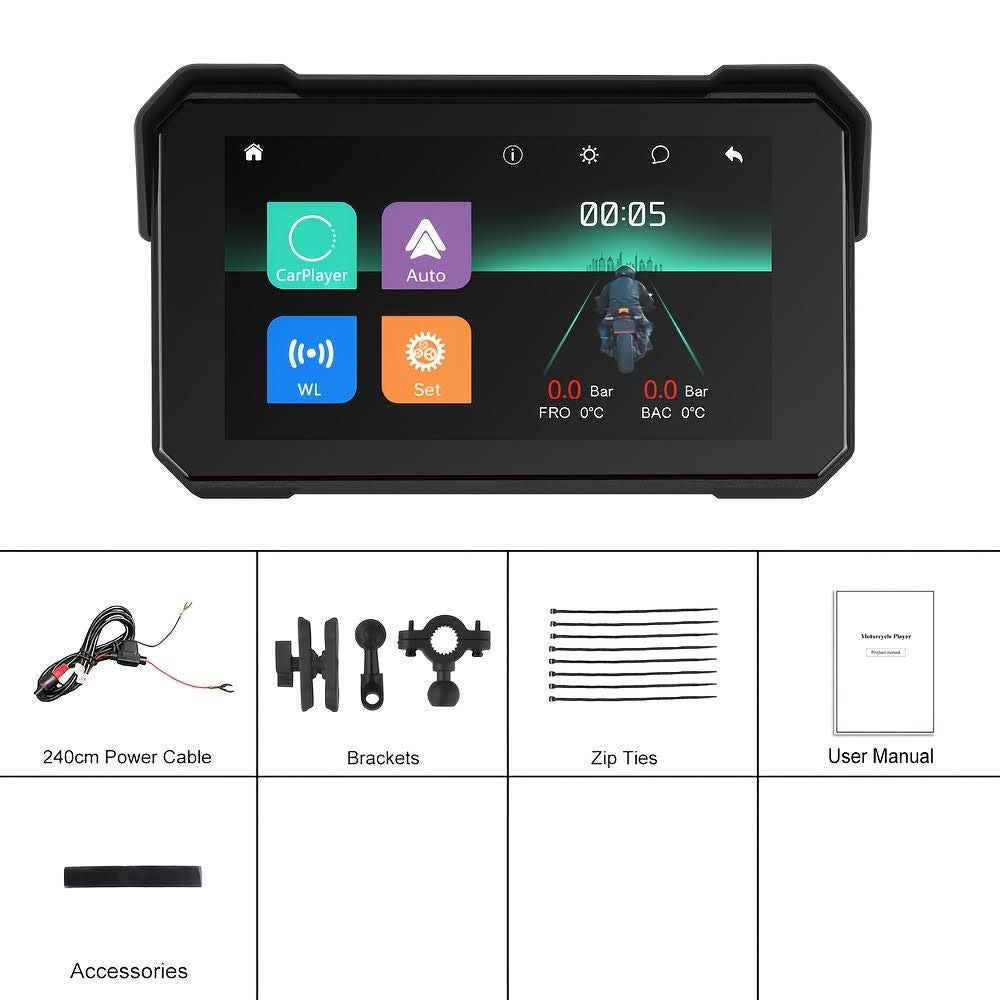 Appareil de Navigation pour Moto PODOFO de 5 Pouces - Sans Fil, Compatible Android Auto CarPlay, Gps motard, Carplay motos étanche, Gps moto, GPS(Noir)
