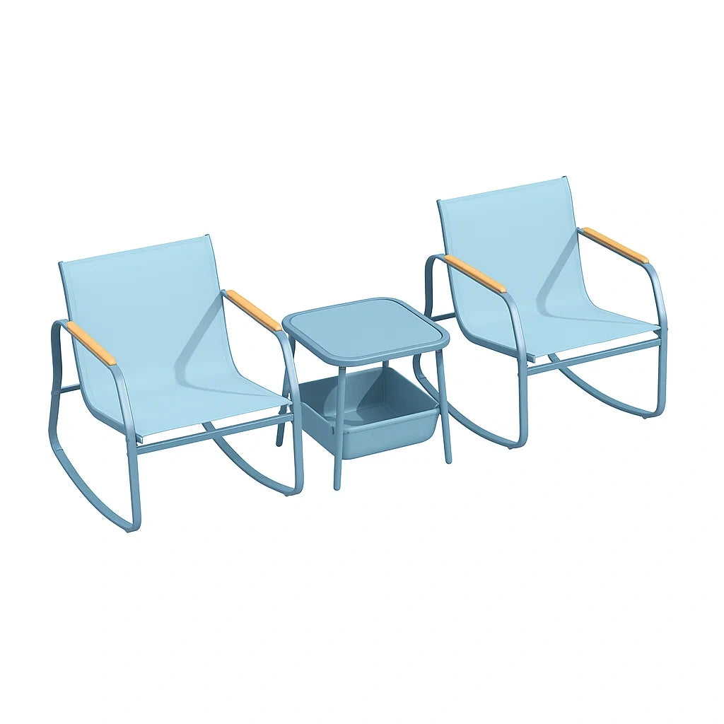 Ensemble de mobilier de jardin avec deux chaises à bascule bleues et table avec accoudoirs en bois(Bleu)