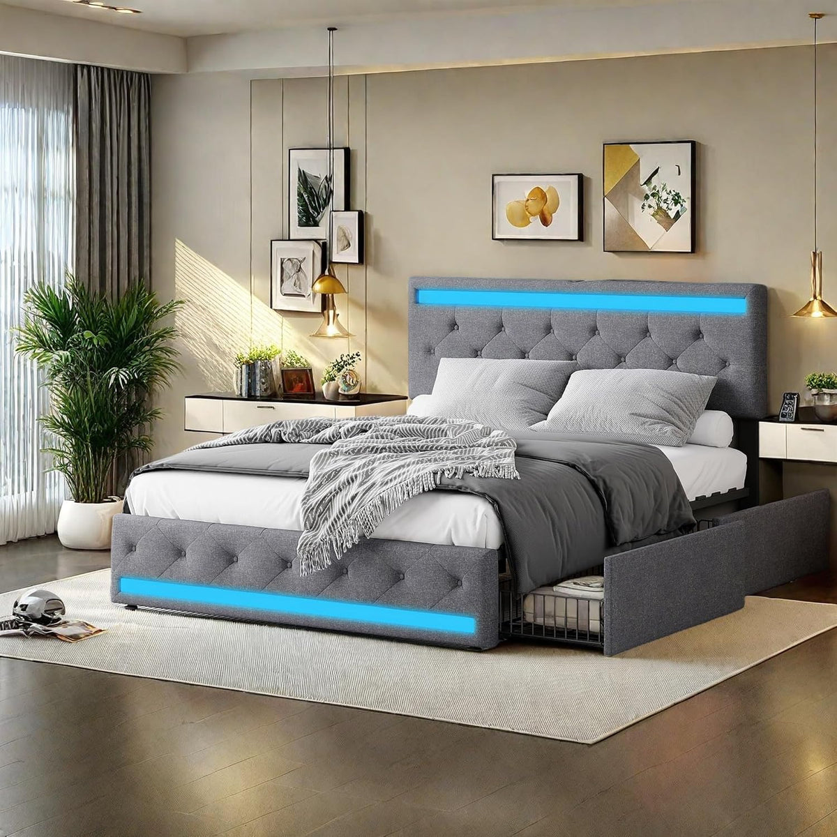 Lit double rembourré 140 x 190 cm avec 4 tiroirs, sommier à lattes, éclairage LED et ports USB, tête de lit réglable(Gris/Bleu)