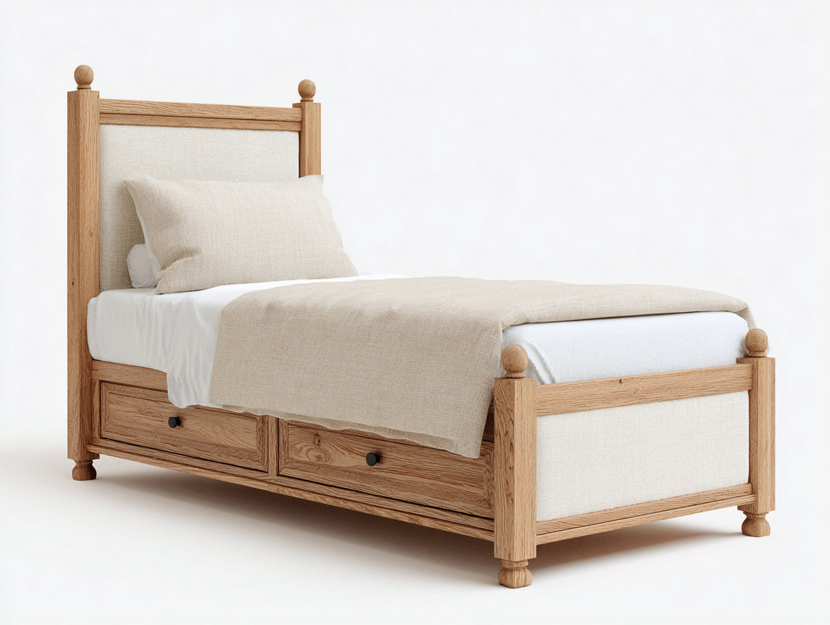 Lit simple 200x100x110 cm - bois naturel/beige - avec 2 espaces de rangement(Bois Naturel/Beige)