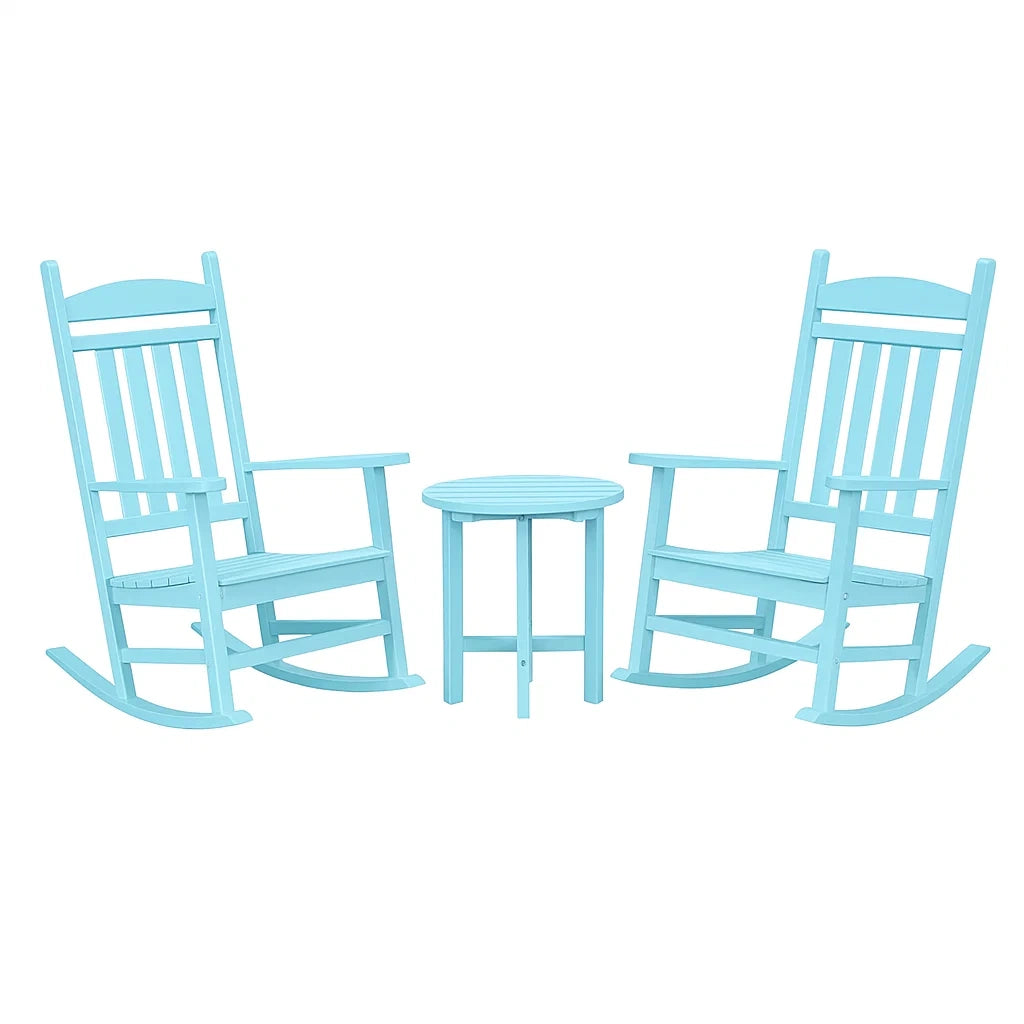Ensemble de mobilier de jardin avec 2 chaises à bascule et table ronde en bois bleu(Bleu)