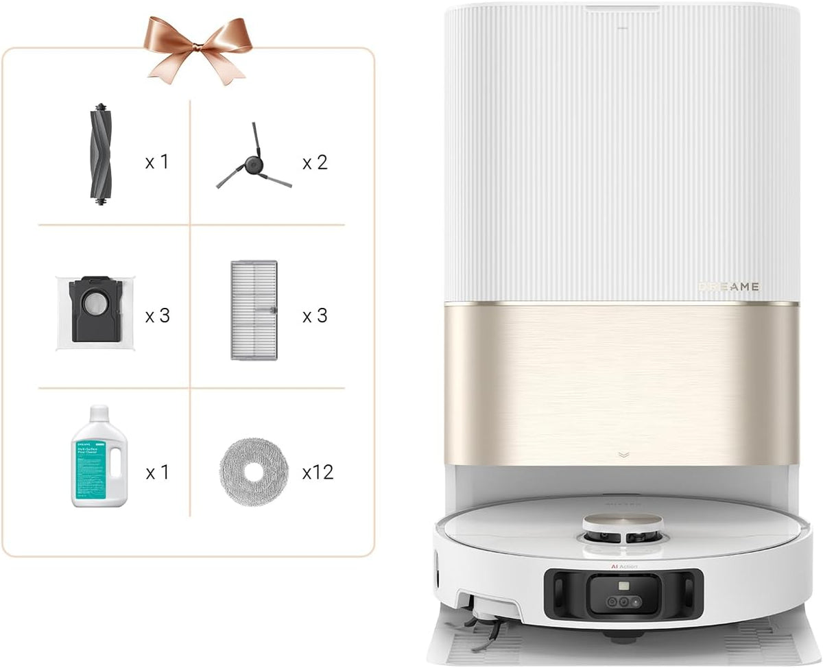 DREAME X40 Ultra Complete Robot Aspirateur avec Serpillière amovible et relevable, Brosse latérale surélevée,12 000 Pa,Serpillière et la Plaque de lavage avec de l'eau chaude à 70 C,Brosses relevables