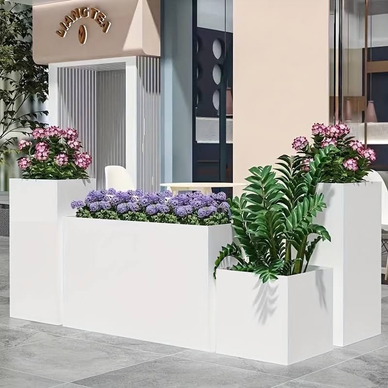 Pot de fleur extérieur xxl, Bac a fleurs extérieur, Jardinière exterieures grand formats, Ensemble de Jardinières Extérieures en Acier Inoxydable -(Blanc)