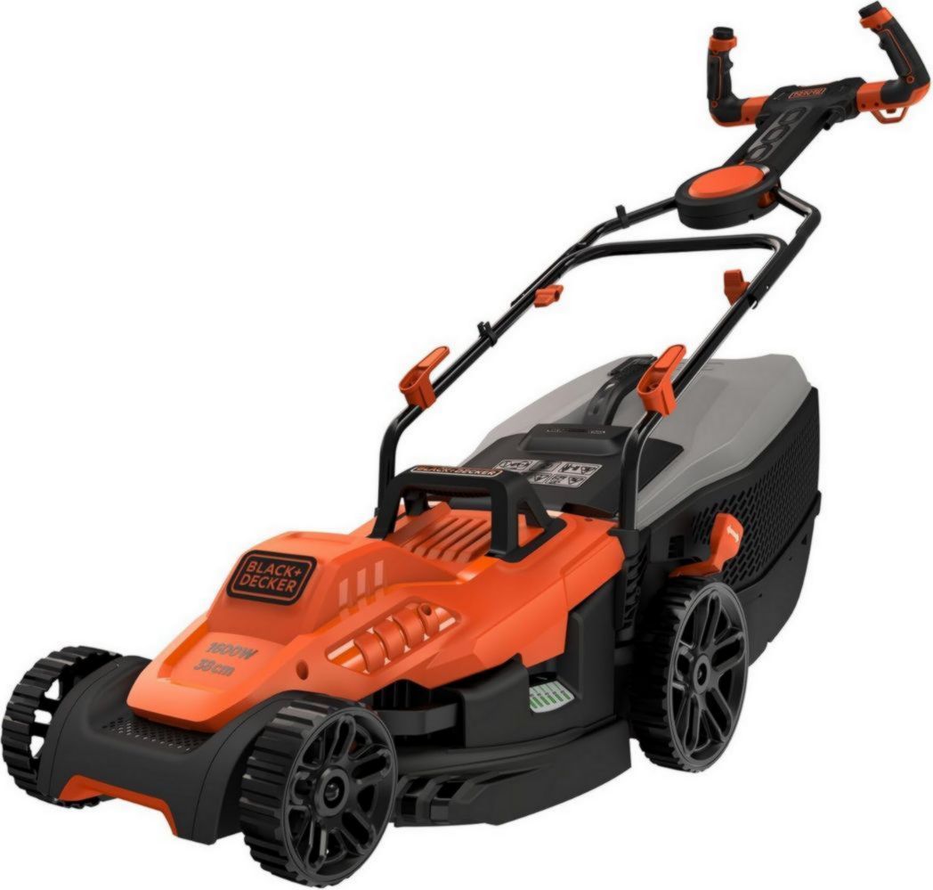 Tondeuse à gazon filaire BLACK+DECKER 1600 W, tondeuse électrique de 38 cm, 6 hauteurs réglables (20, 30, 40, 50, 60 et 70 mm), avec poignée EASYSTEER 3 positions, BEMW471ES-QS Orange(1400W)