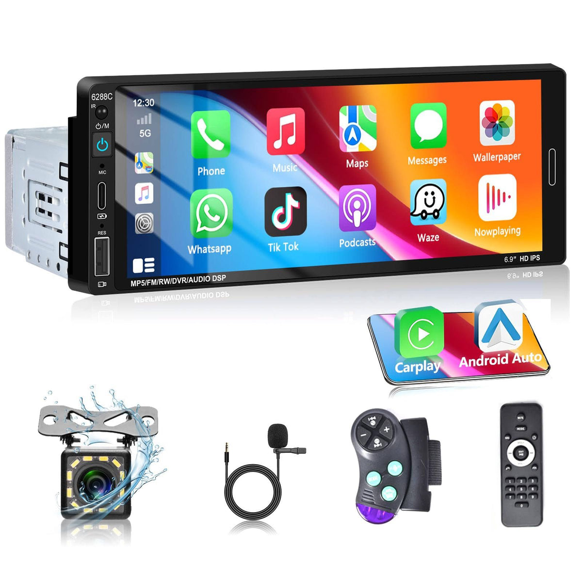 Podofo Autoradio 1 DIN avec écran Voiture Tactile de 6,9 Pouces Compatible avec Apple Carplay Android Auto Bluetooth 5.0, Lien Miroir iOS/Android, EQ(Noir/Argent)