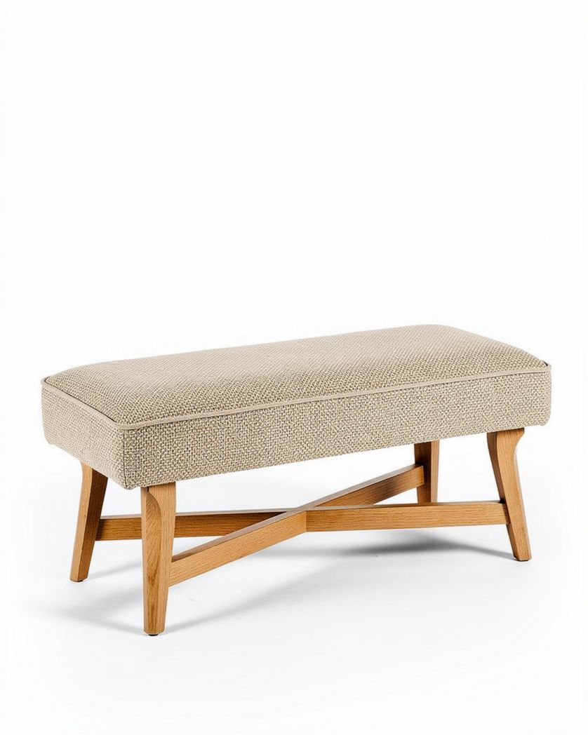 Banquette rectangulaire en tissu beige avec pieds en bois 100 x 40 x 45cm