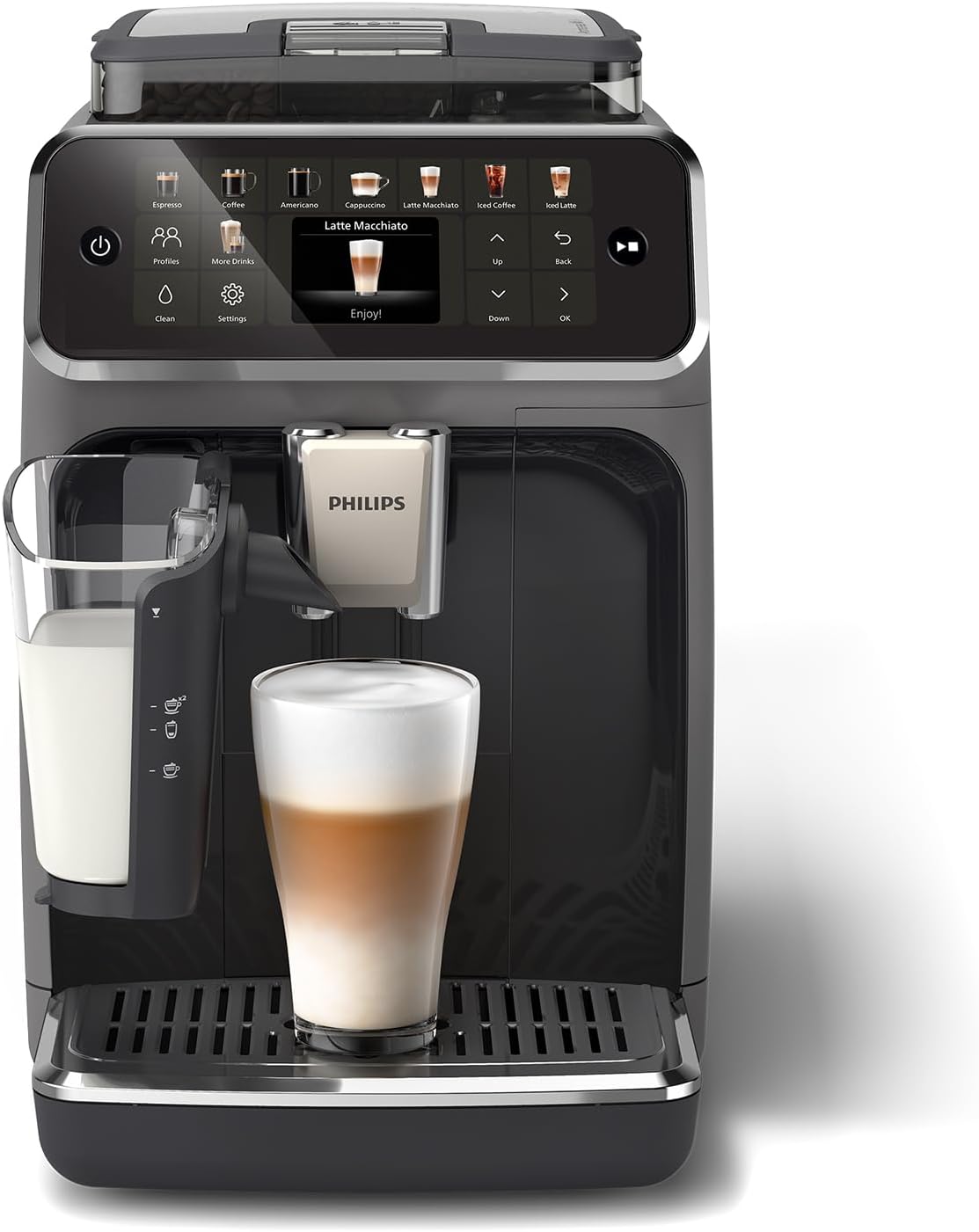 Philips Expresso broyeur Série 5500 – 20 Boissons Chaudes et Glacées, Carafe LatteGo facile à nettoyer, SilentBrew, QuickStart, Machine à café à grain Noir/Argent (EP5544/50)(Noir/Argent)