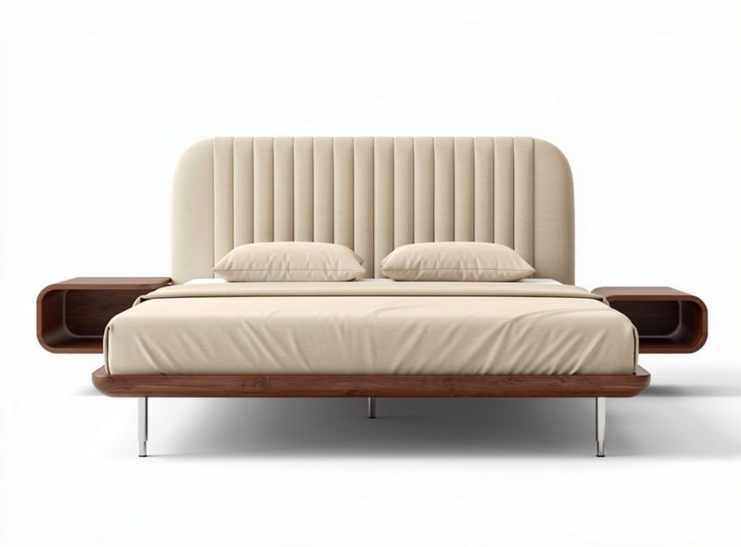 Lit double en bois avec têtes de lit rembourrées et tables de nuit intégrées 200 x 160 x 100cm