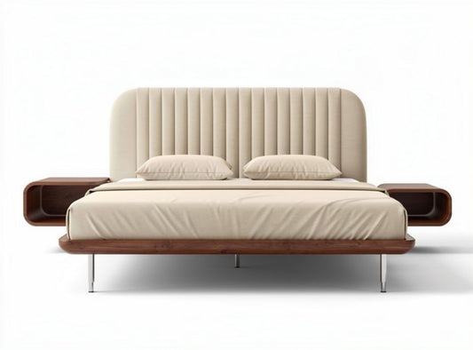 Lit double en bois avec têtes de lit rembourrées et tables de nuit intégrées 200 x 160 x 100cm