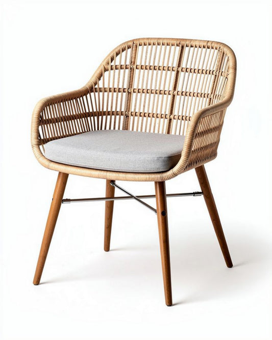 Chaise en rotin naturel avec coussin gris et pieds en bois 70 x 70 x 80cm