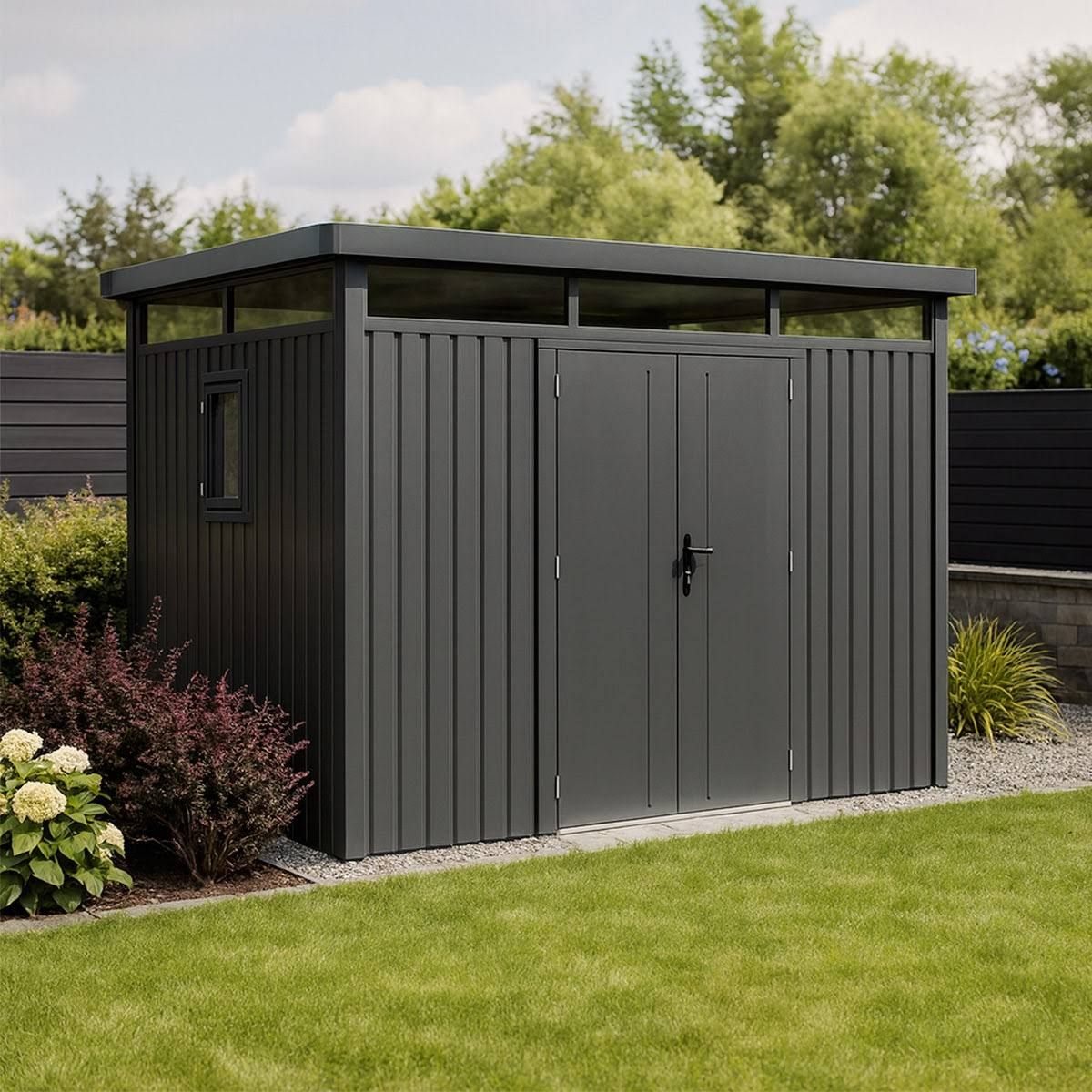 kover Abri de jardin moderne gris anthracite toit plat en acier galvanisé(Gris Anthracite)