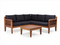 Canapé d'angle en bois avec coussins noirs et table basse en bois 220 x 220 x 80cm