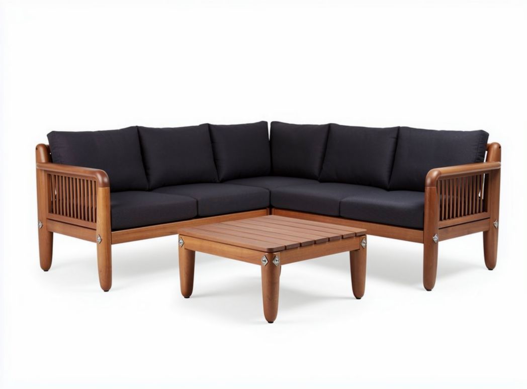 Canapé d'angle en bois avec coussins noirs et table basse en bois 220 x 220 x 80cm