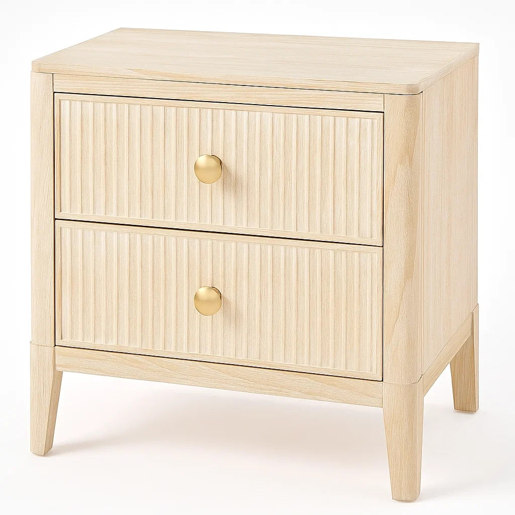 Table de chevet en bois clair avec 2 tiroirs et poignées dorées(Bois Clair/Doré)