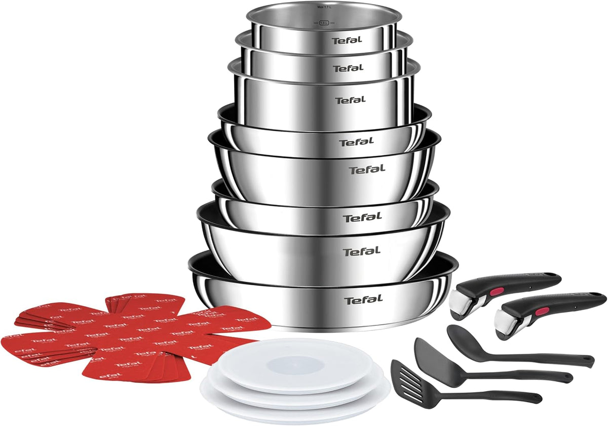 Tefal Ingenio Batterie de cuisine 20 pièces, Poêles, Casseroles, 2 poignées amovibles, Induction, Revêtement antiadhésif, Empilable, Compatible lave-vaisselle, Emotion L897SK04(Argent/Rouge/Noir/Blanc)