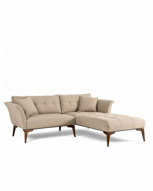 Canapé d'angle en tissu beige avec accoudoirs en bois 220 x 90 x 85cm