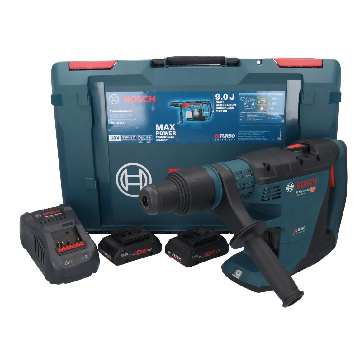 Bosch GBH 18V-40 C Professional Perforateur sans fil 9,0 J 18V - SDS max - BITURBO Brushless + 2x Batteries ProCORE 4,0 Ah + Chargeur + Coffret XL-BOXX(défaut)