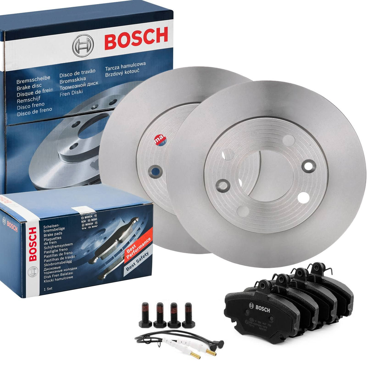 BOSCH Disques et plaquettes de freins BSH3405N0037 plein contact de signal d'usure inclus RENAULT: CLIO 2, CLIO 1, TWINGO 1(Argent/Noir)