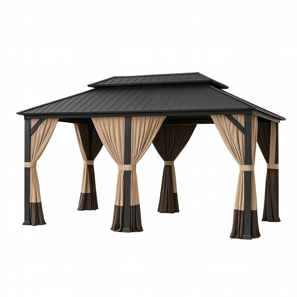Pavillon en aluminium avec toit en métal et rideaux(Beige/Noir)