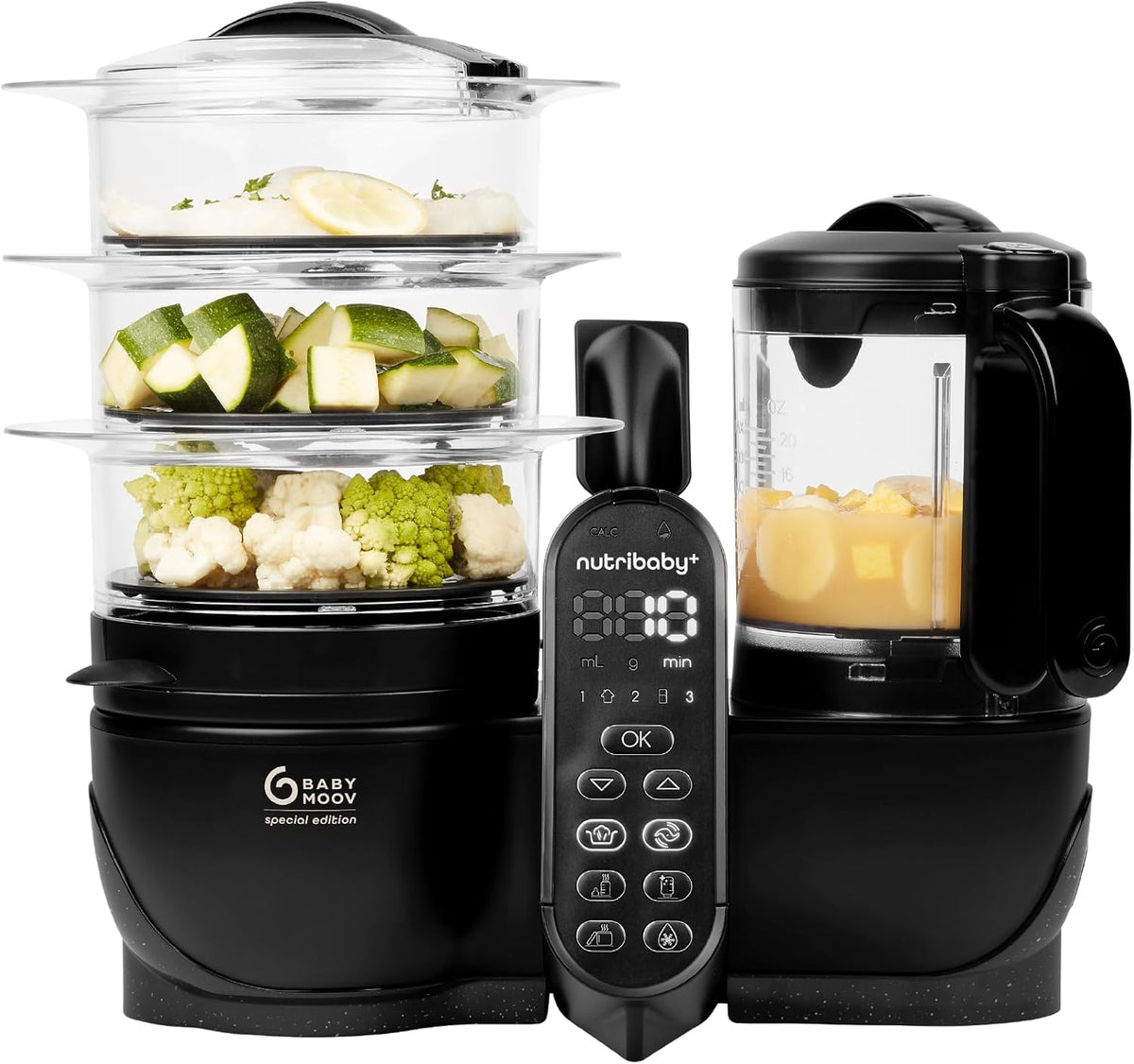 Babymoov Robot Cuiseur Bébé Nutribaby(+) XL - Grande Capacité 2,9L - Jusqu'à 14 Repas en 1 Cycle - 6 Fonctions en 1-2 Paniers Vapeur - Diversification Alimentaire - Mixeur Cuiseur Bébé, Noir(Noir)